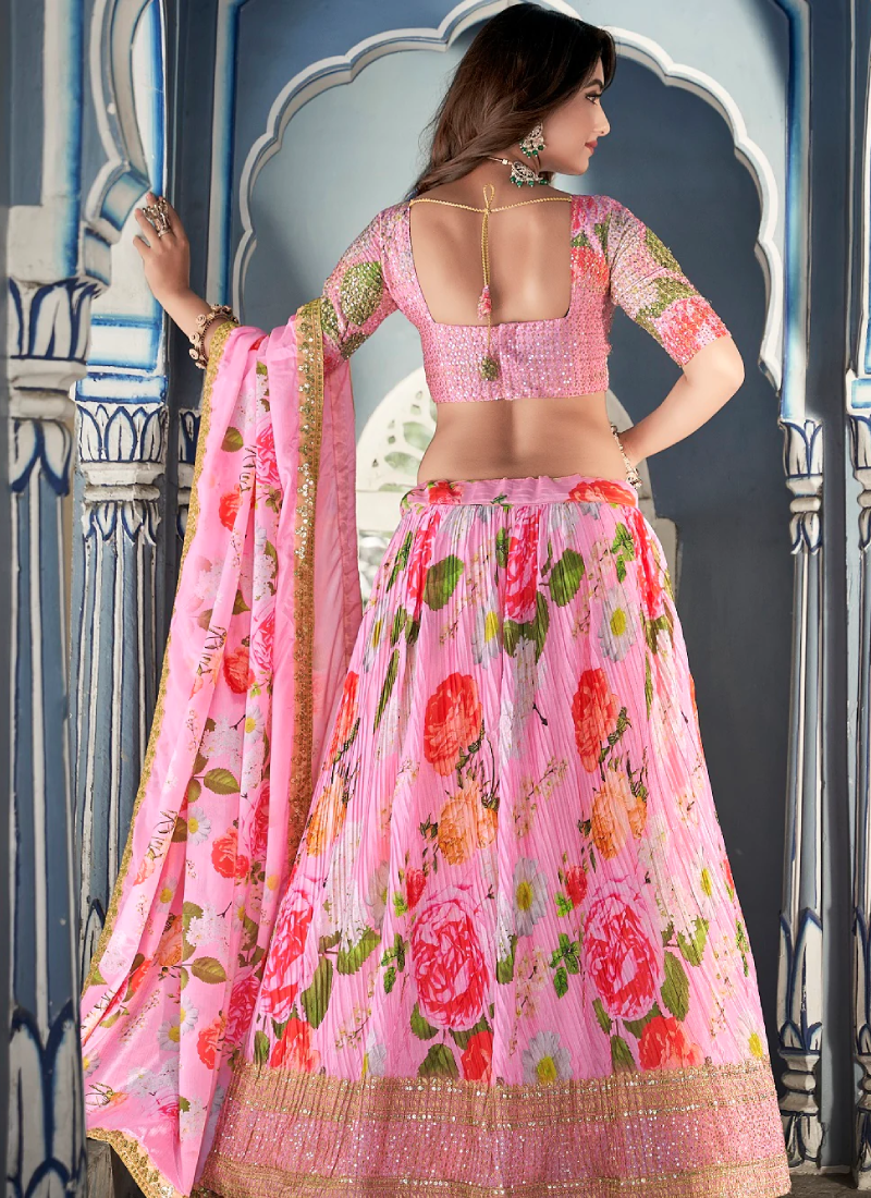 Pink Crushed Chinon Thread Embroidered Work Lehenga Choli