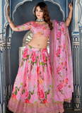 Pink Crushed Chinon Thread Embroidered Work Lehenga Choli