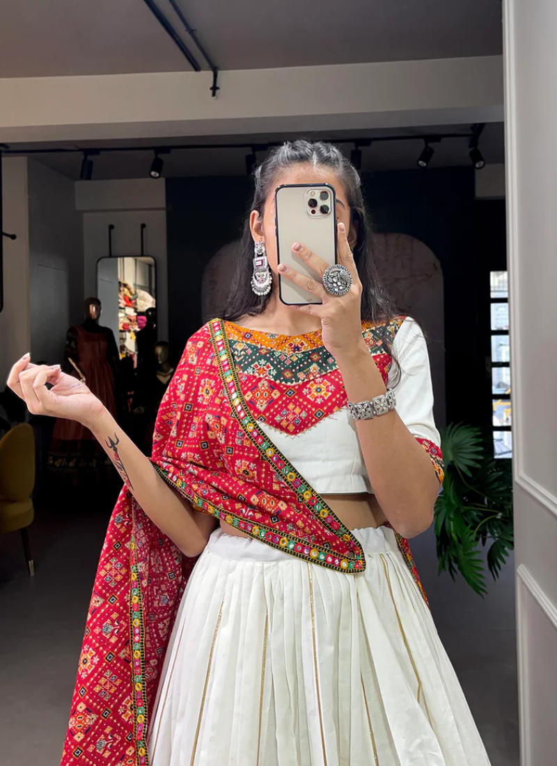 Printed White Pure Cotton Traditional Wear Lehenga Choli