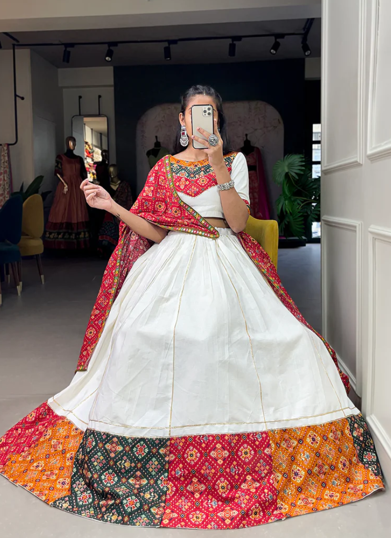 Printed White Pure Cotton Traditional Wear Lehenga Choli