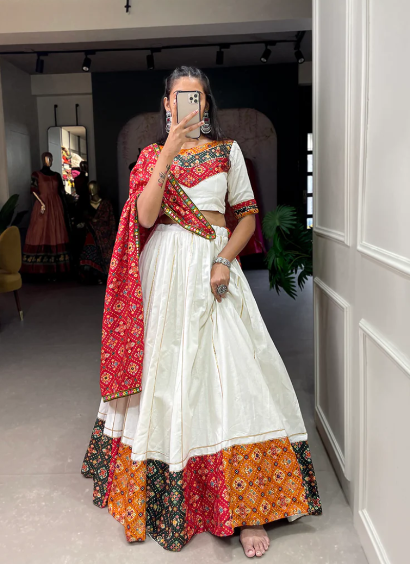 Printed White Pure Cotton Traditional Wear Lehenga Choli