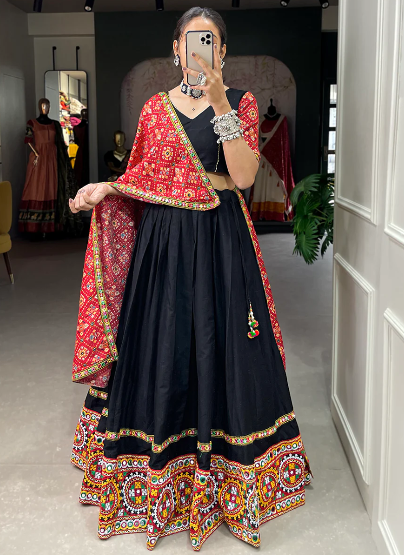 Pure Cotton Gamthi Work Mirror Work Black Lehenga Choli