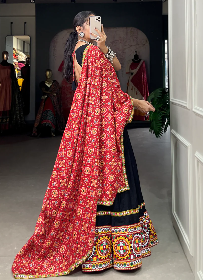 Pure Cotton Gamthi Work Mirror Work Black Lehenga Choli