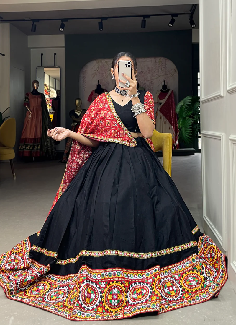 Pure Cotton Gamthi Work Mirror Work Black Lehenga Choli