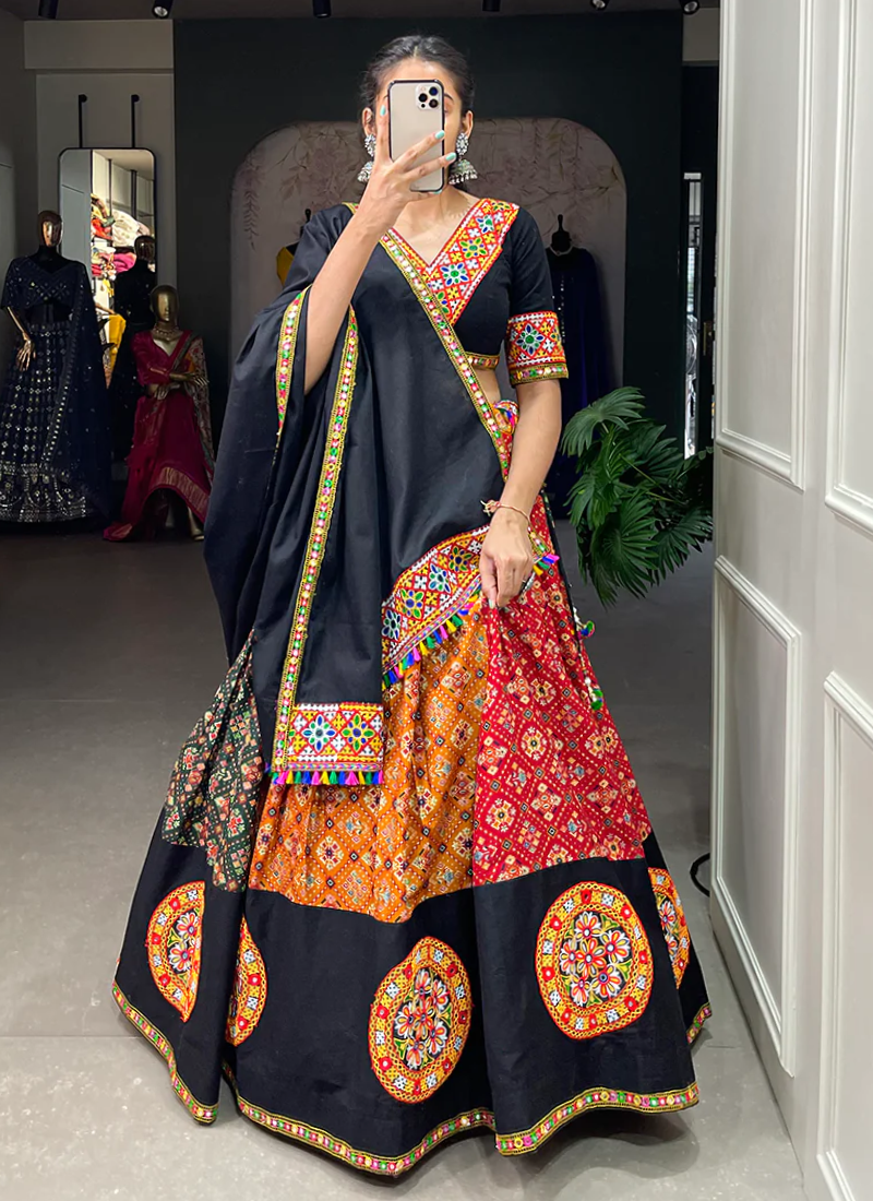 Pure Cotton Gamthi Work Multi Color Lehenga Choli For Navratri