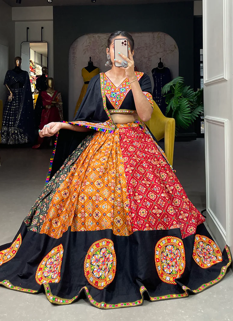 Pure Cotton Gamthi Work Multi Color Lehenga Choli For Navratri