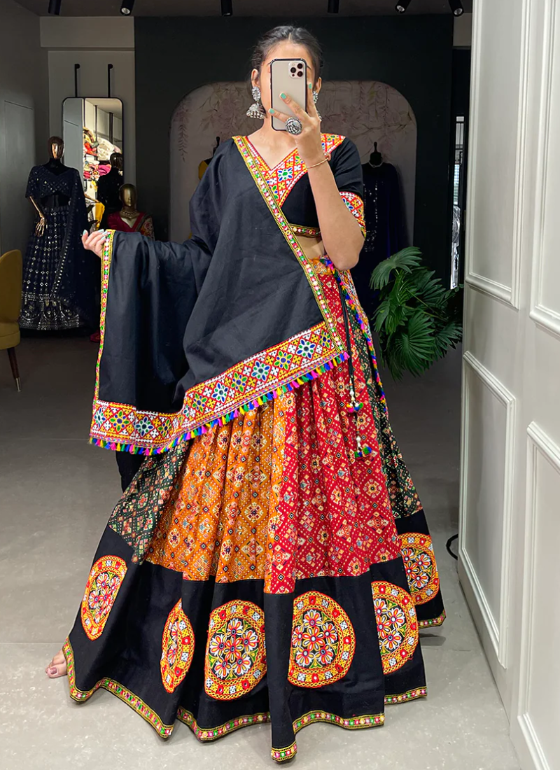 Pure Cotton Gamthi Work Multi Color Lehenga Choli For Navratri