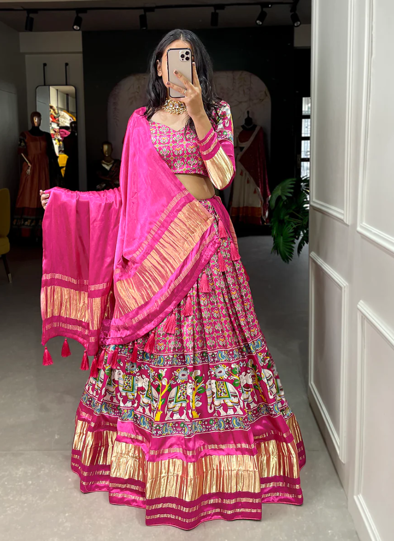 Pure Gaji Silk Patola Printed Pink Color Lehenga Choli Set