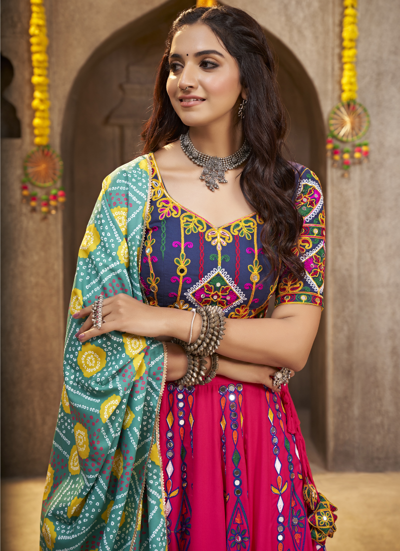 Real Mirror Work Pink Color Viscose Rayon Lehenga Choli