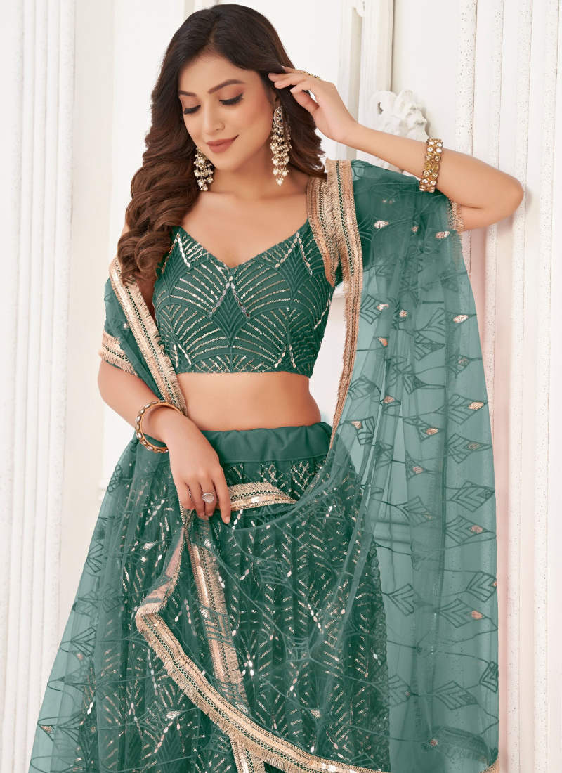 Soft Net Thread Embroidery Work Mehendi Function Green Lehenga Choli
