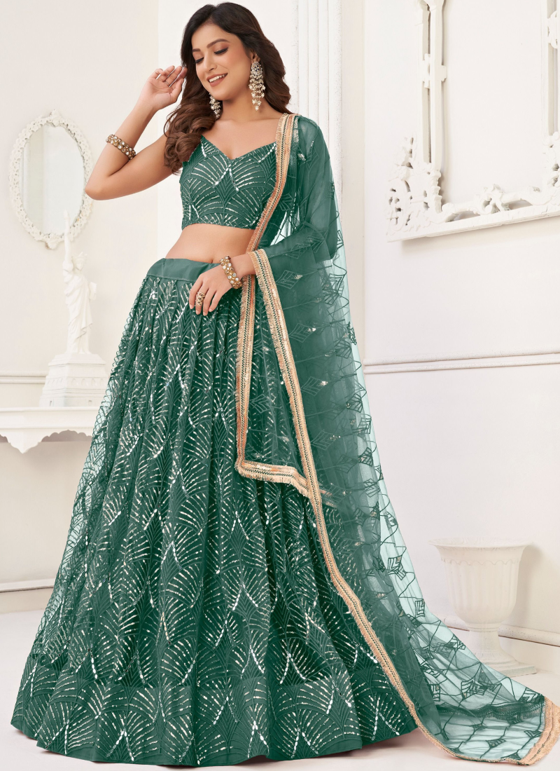 Soft Net Thread Embroidery Work Mehendi Function Green Lehenga Choli