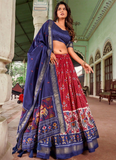 Beautiful Silk Patola Printed Blue And Red Chaniya Choli Set