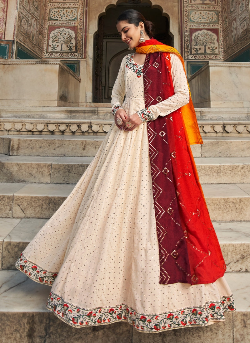 Sequence Embroidered Beige Georgette Perfect Gown