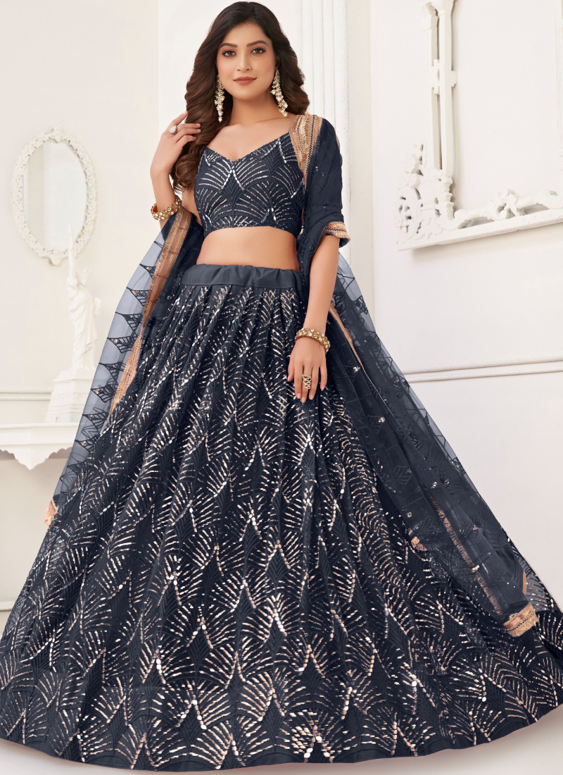 Sequence Embroidery Party Wear Black Net Lehenga Choli Set