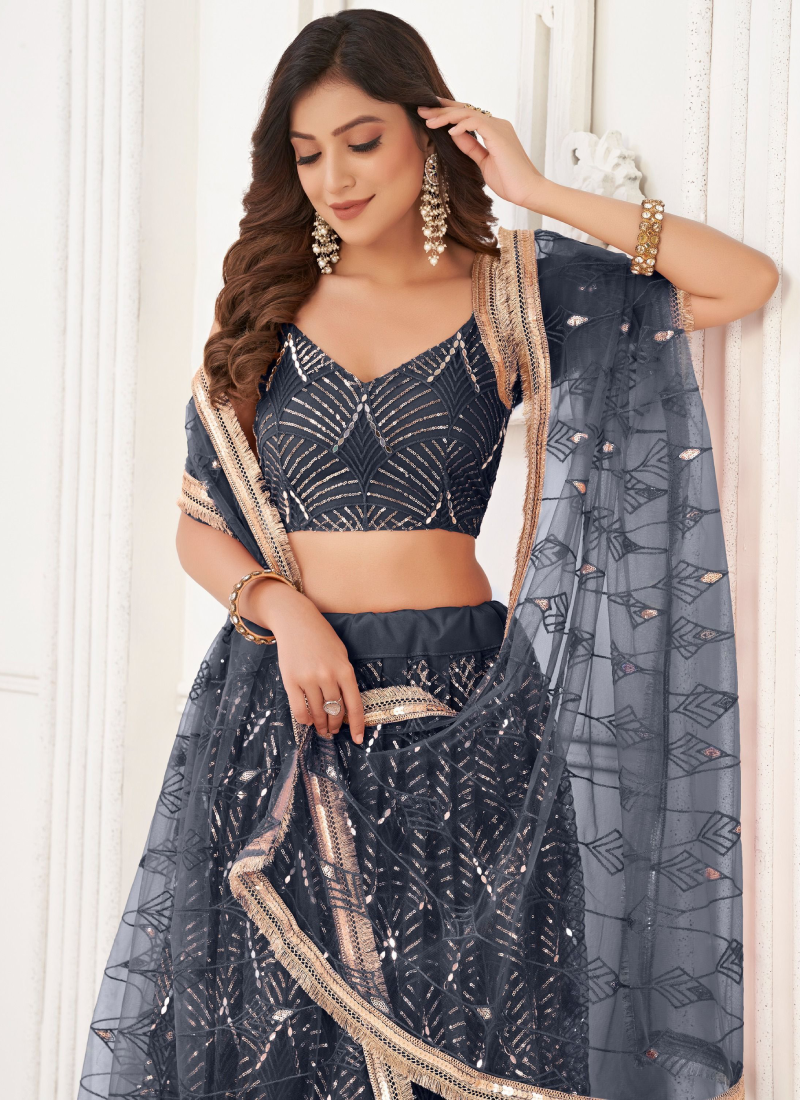 Sequence Embroidery Party Wear Black Net Lehenga Choli Set