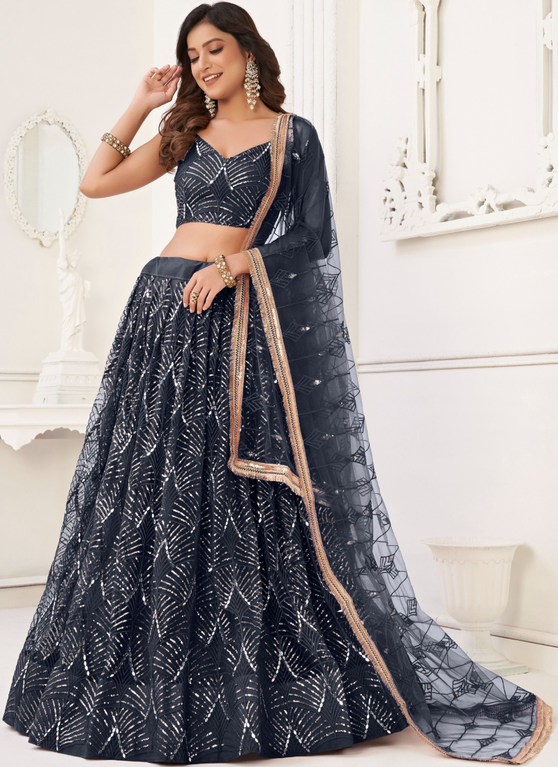 Sequence Embroidery Party Wear Black Net Lehenga Choli Set