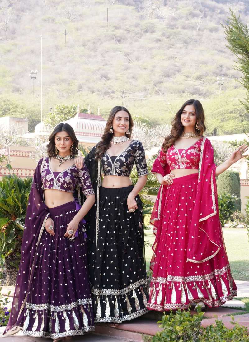 Fascinating Sequence Heavy Embroidered Wine Georgette Lehenga Choli