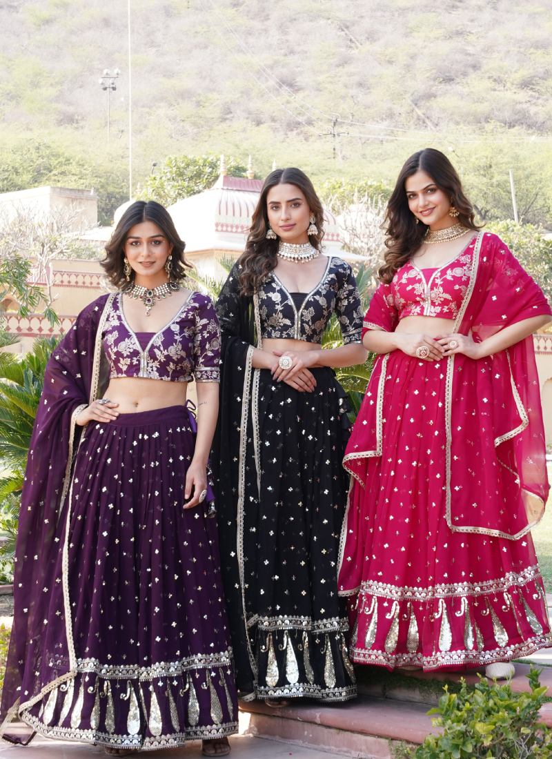 Fascinating Sequence Heavy Embroidered Wine Georgette Lehenga Choli
