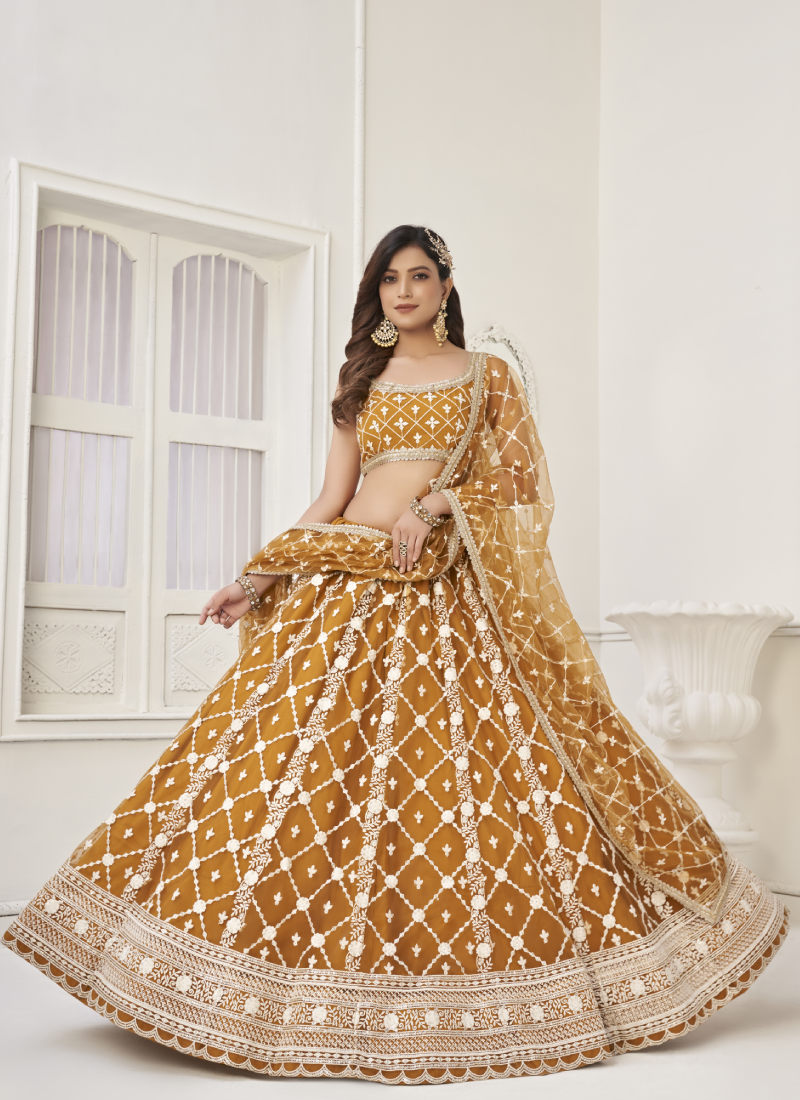 Yellow Sequence Work Soft Net Lehenga Choli For Wedding