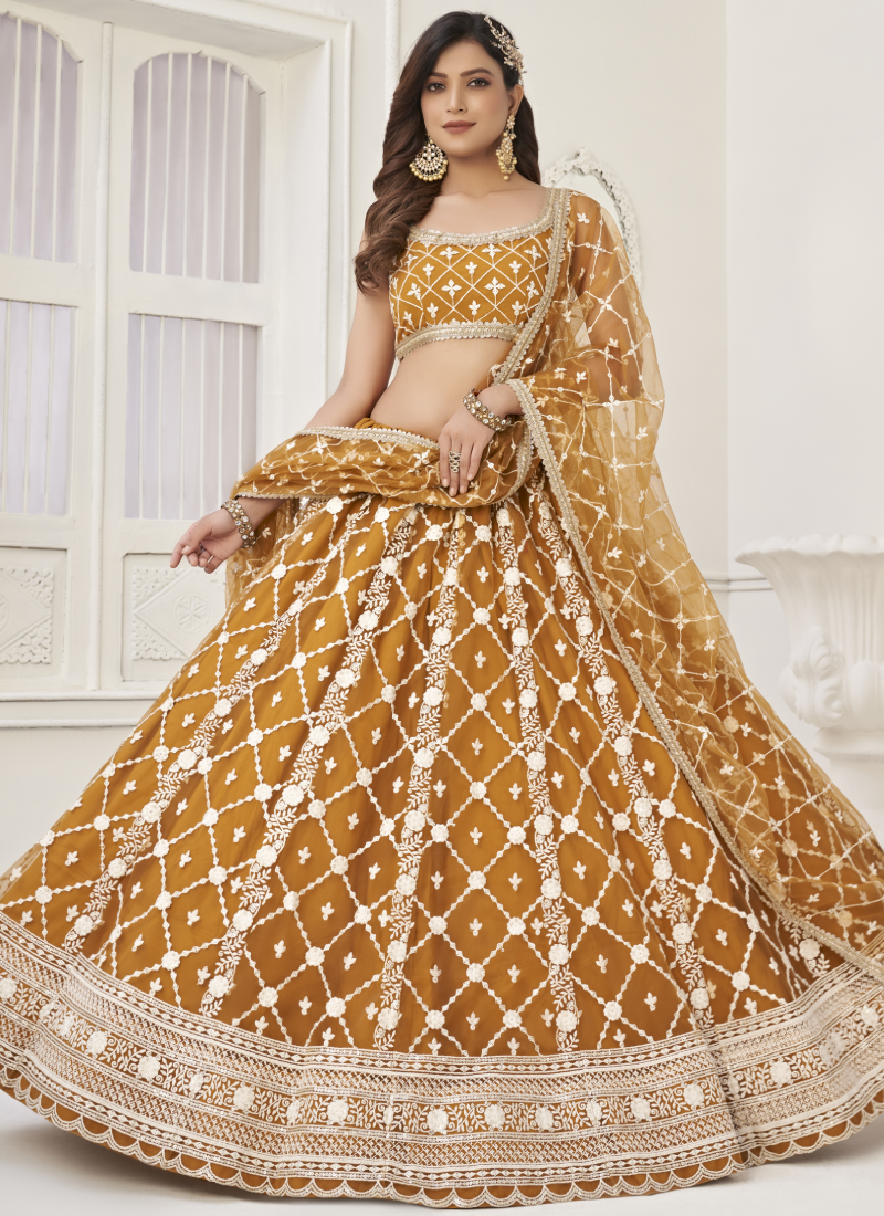 Yellow Sequence Work Soft Net Lehenga Choli For Wedding