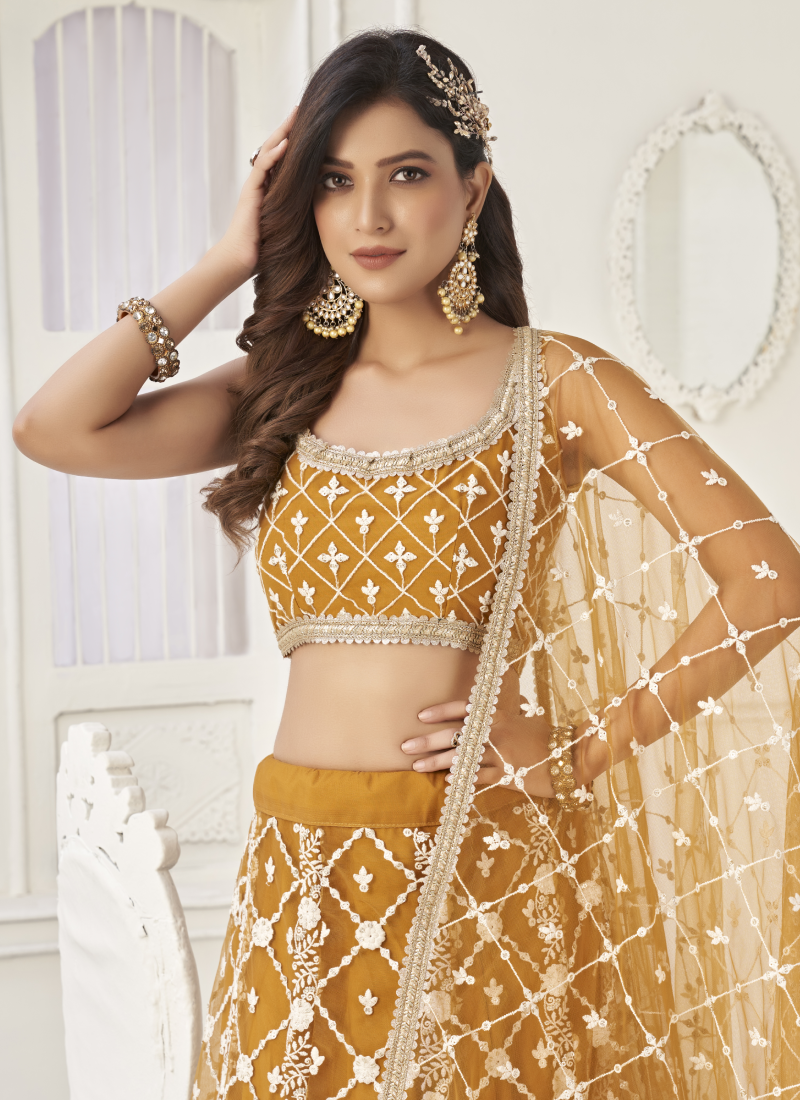 Yellow Sequence Work Soft Net Lehenga Choli For Wedding