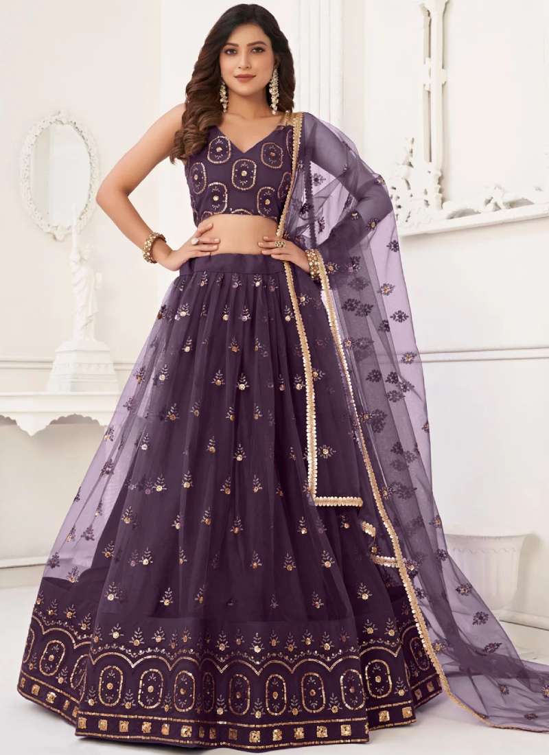 Butterfly Net Zari Embroidery Work Wine Lehenga Choli For Wedding
