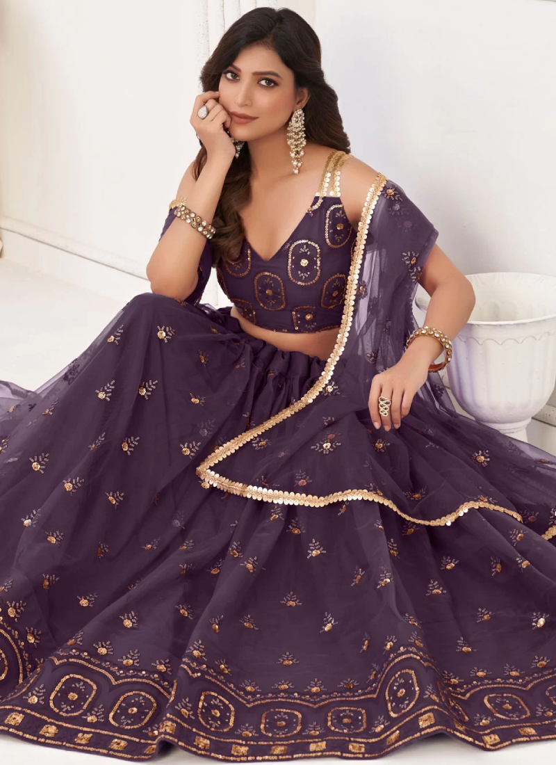 Butterfly Net Zari Embroidery Work Wine Lehenga Choli For Wedding