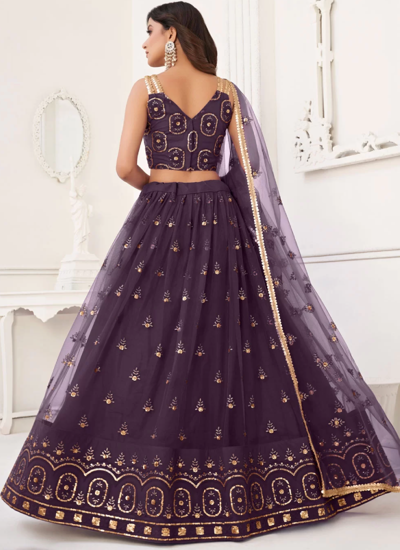 Butterfly Net Zari Embroidery Work Wine Lehenga Choli For Wedding