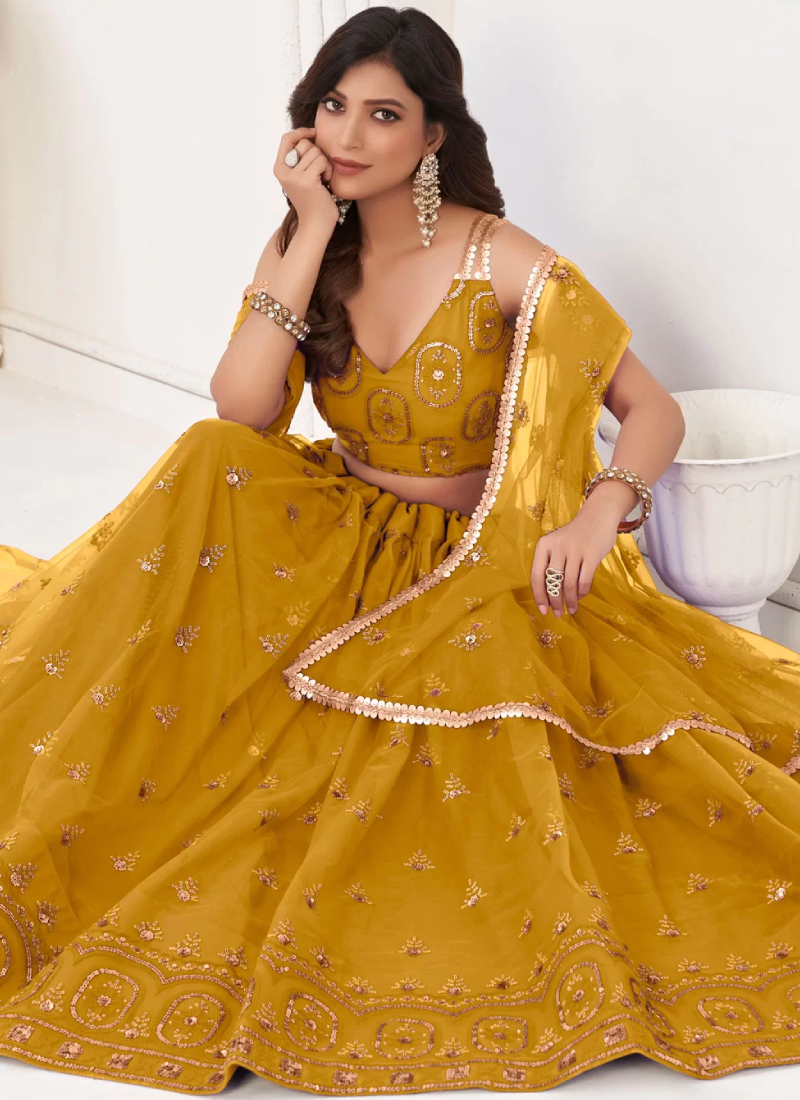 Haldi Function Special Yellow Embroidery Work Net Lehenga Choli