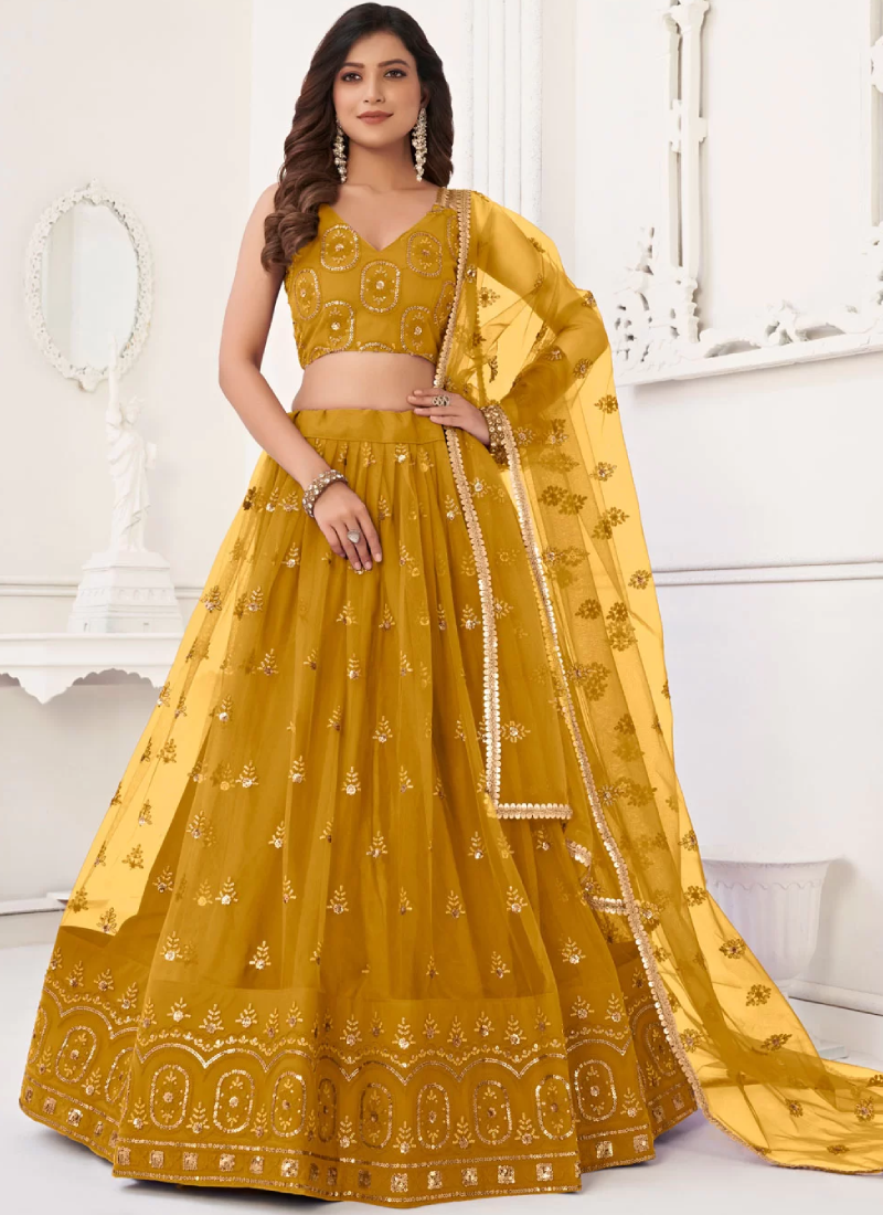 Haldi Function Special Yellow Embroidery Work Net Lehenga Choli