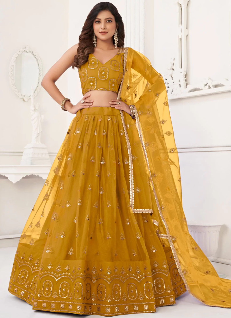 Haldi Function Special Yellow Embroidery Work Net Lehenga Choli