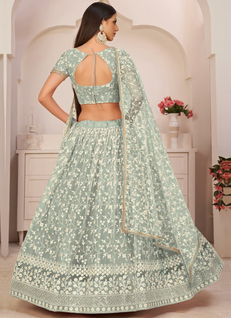 Designer Thread Embroidery Pista Green Net Lehenga Choli