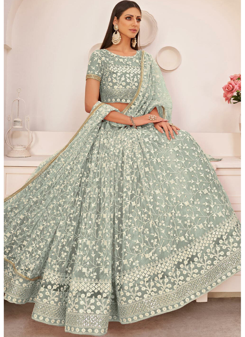 Designer Thread Embroidery Pista Green Net Lehenga Choli