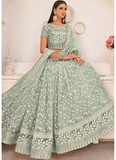 Designer Thread Embroidery Pista Green Net Lehenga Choli