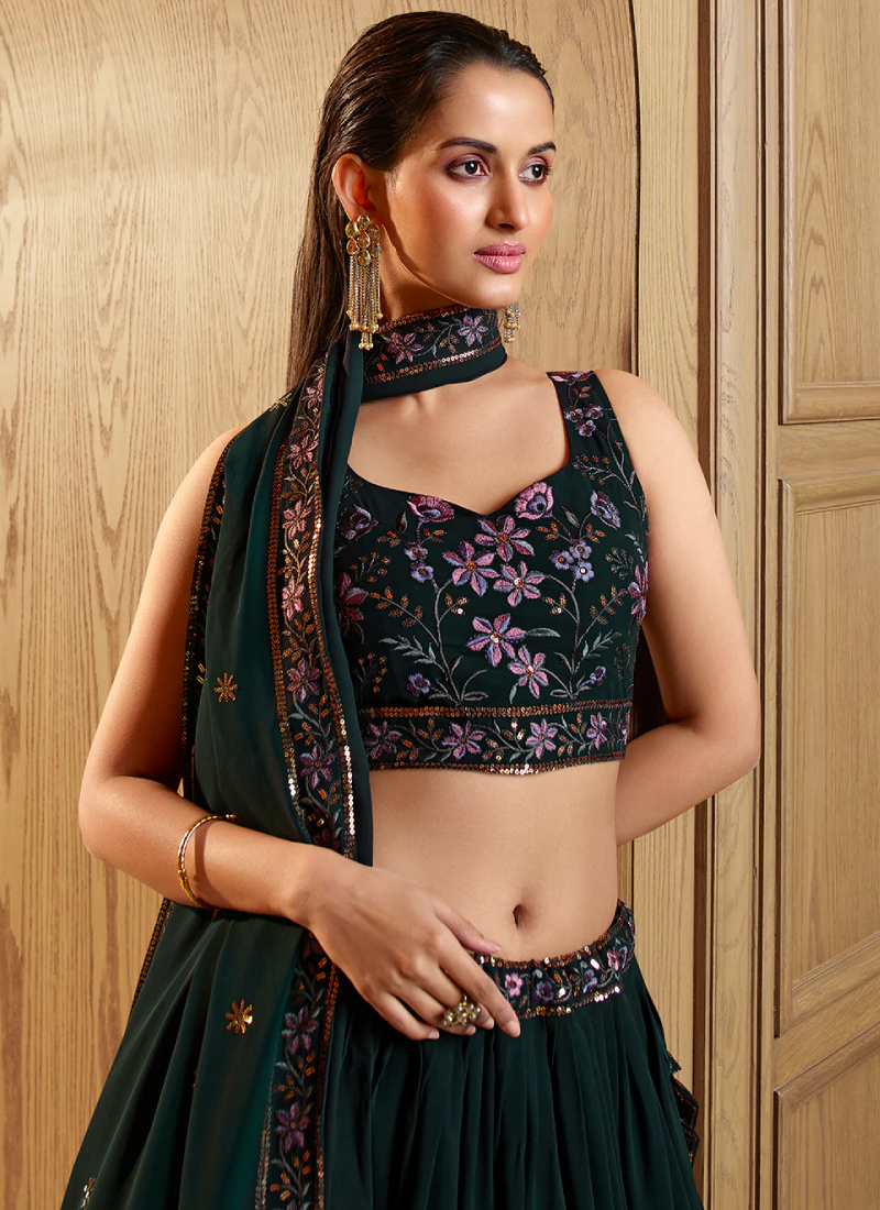 Thread Floral Embroidered Georgette Bottle Green Lehenga Choli