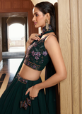 Thread Floral Embroidered Georgette Bottle Green Lehenga Choli