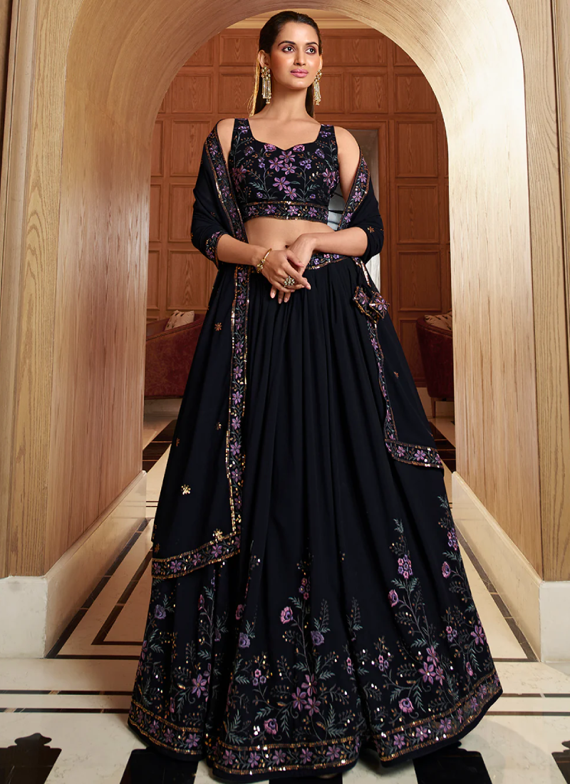Thread Floral Embroidered Navy Blue Georgette Lehenga Choli