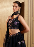 Thread Floral Embroidered Navy Blue Georgette Lehenga Choli