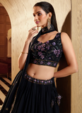 Thread Floral Embroidered Navy Blue Georgette Lehenga Choli