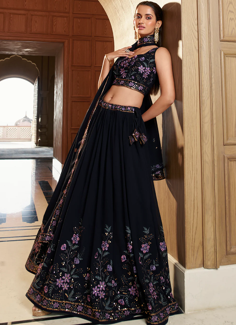 Thread Floral Embroidered Navy Blue Georgette Lehenga Choli
