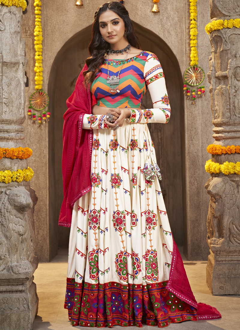 Traditional Thread Work Viscose Rayon White Chaniya Choli