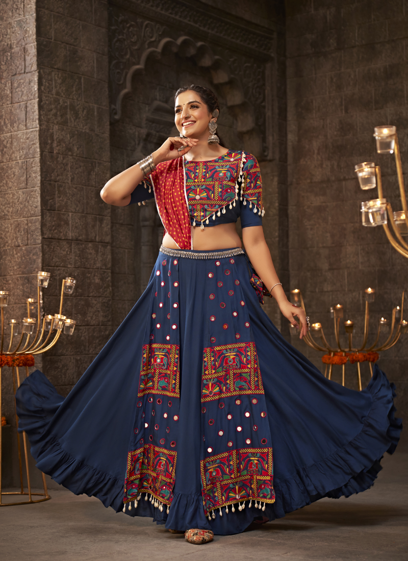 Traditional Work Navy Blue Rayon Navratri Chaniya Choli