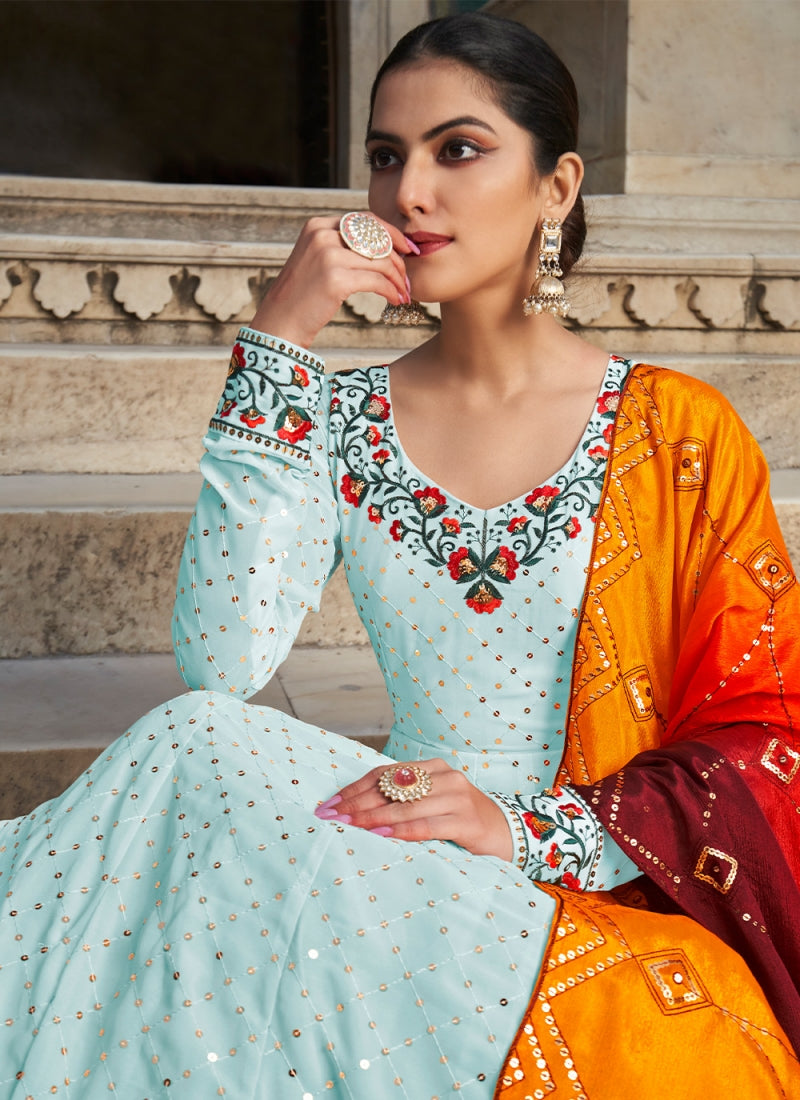 Trustworthy Sky Blue Georgette Thread Embroidered Gown