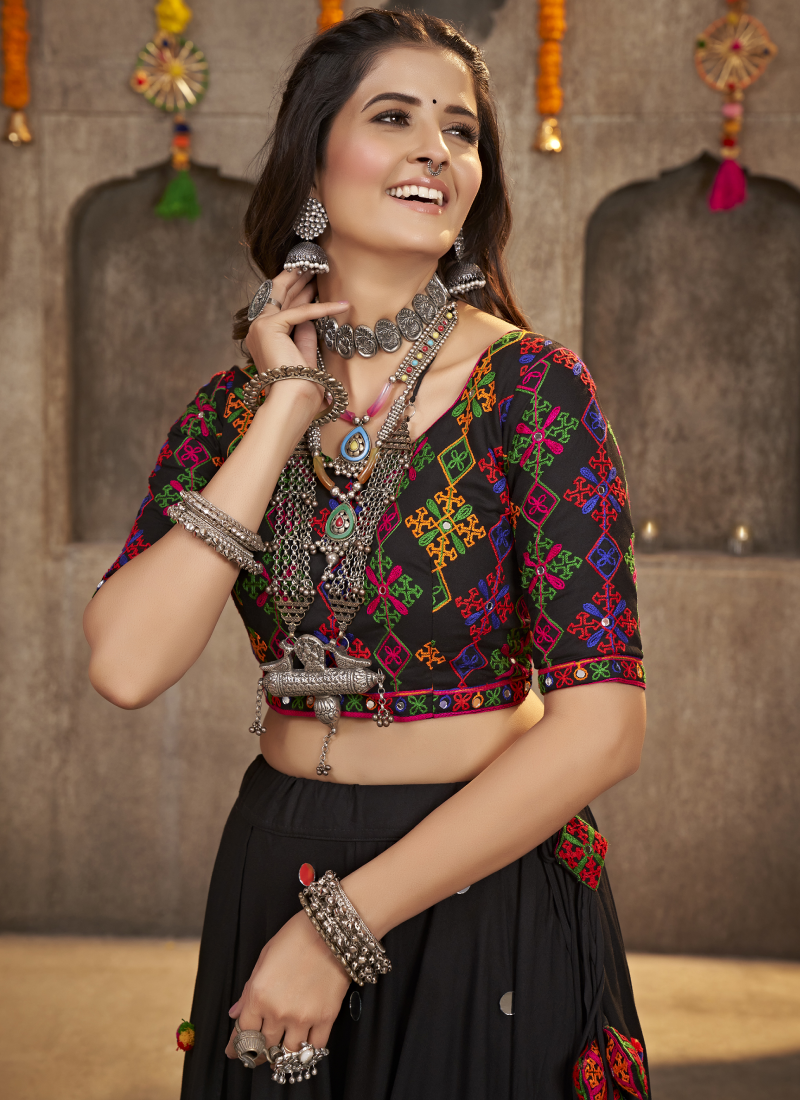 Viscose Rayon Real Mirror Work Navy Blue Navratri Lehenga Choli