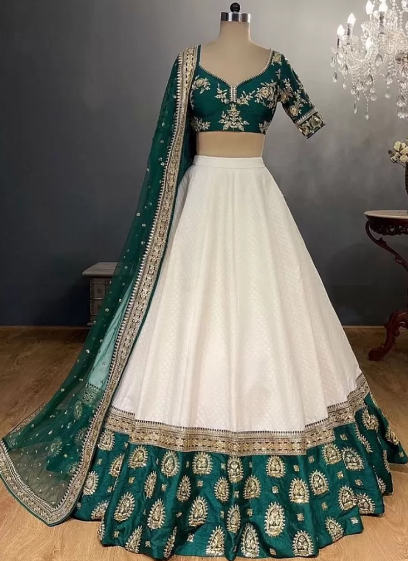 White And Green Zari Embroidered Taffeta Silk Lehenga Choli