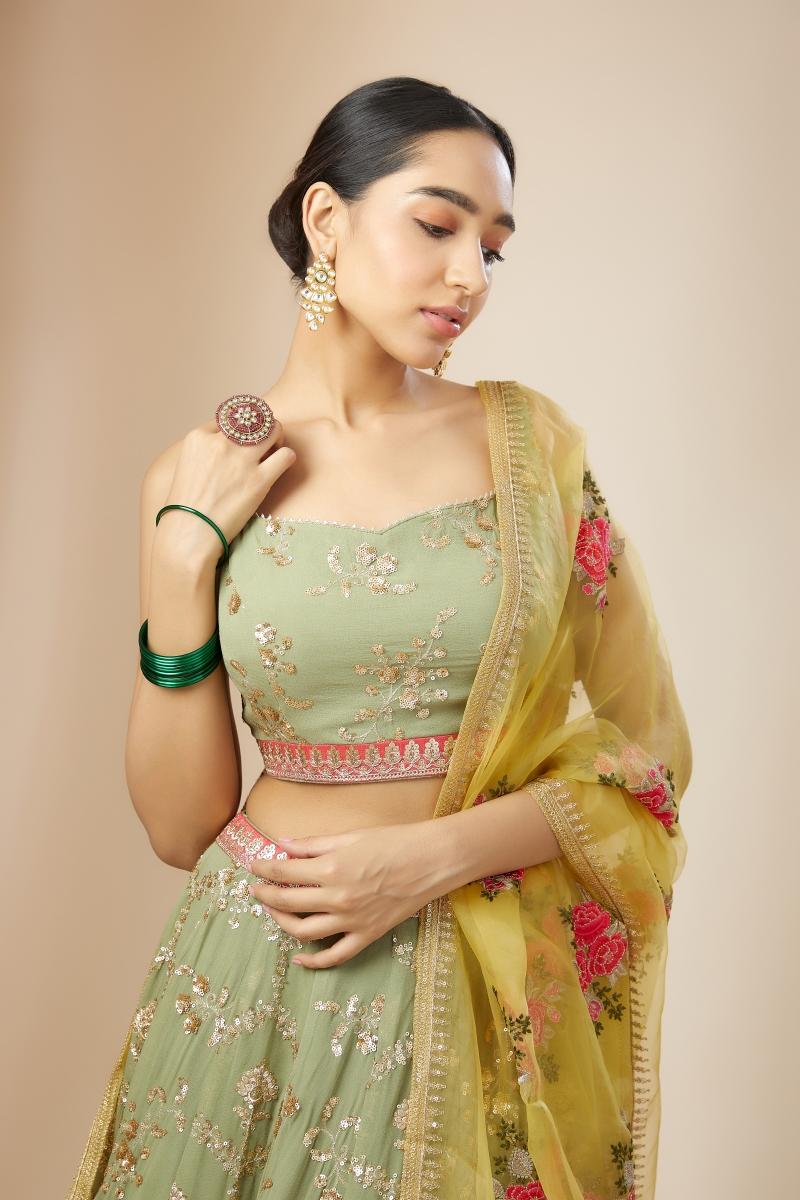 Amazing Pista green Georgette lehenga with sequin zari embroidery work