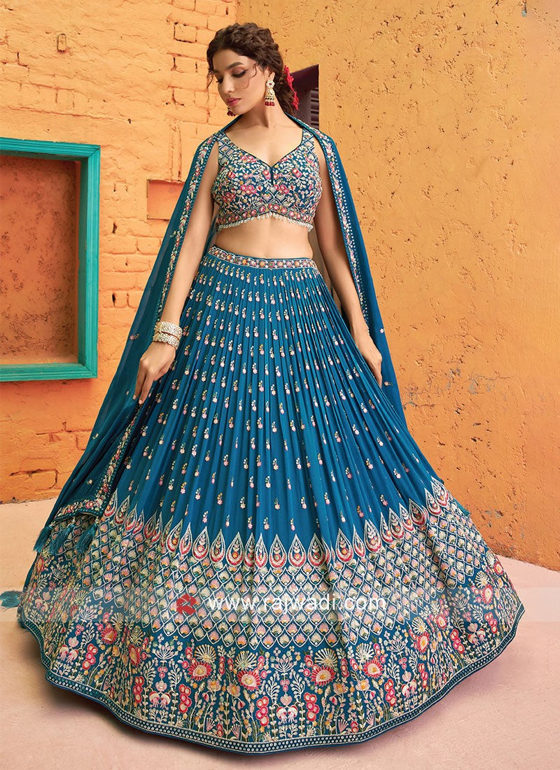 Trendy Georgette Peacock colored sequin zari embroidery lehenga choli