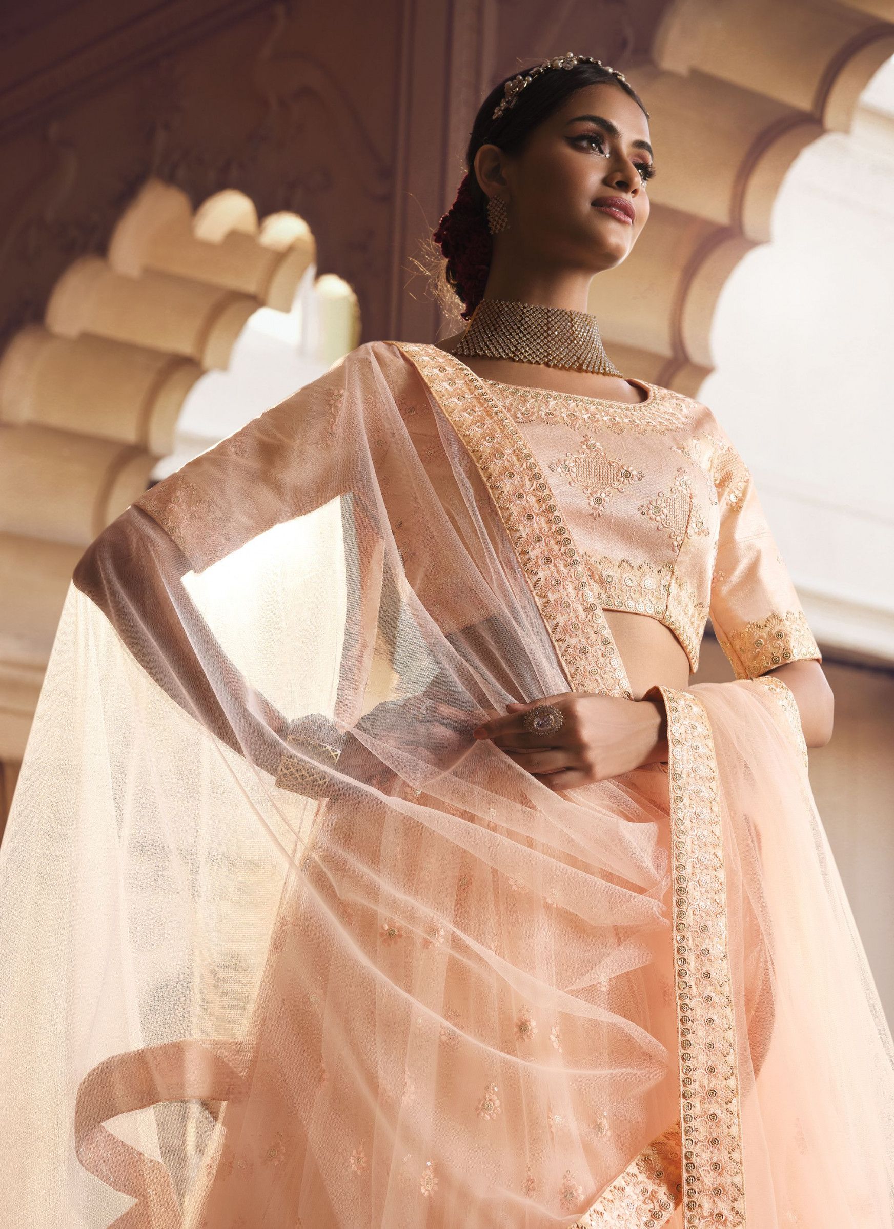 Orange Soft Net Wedding Lehenga With Net Dupatta