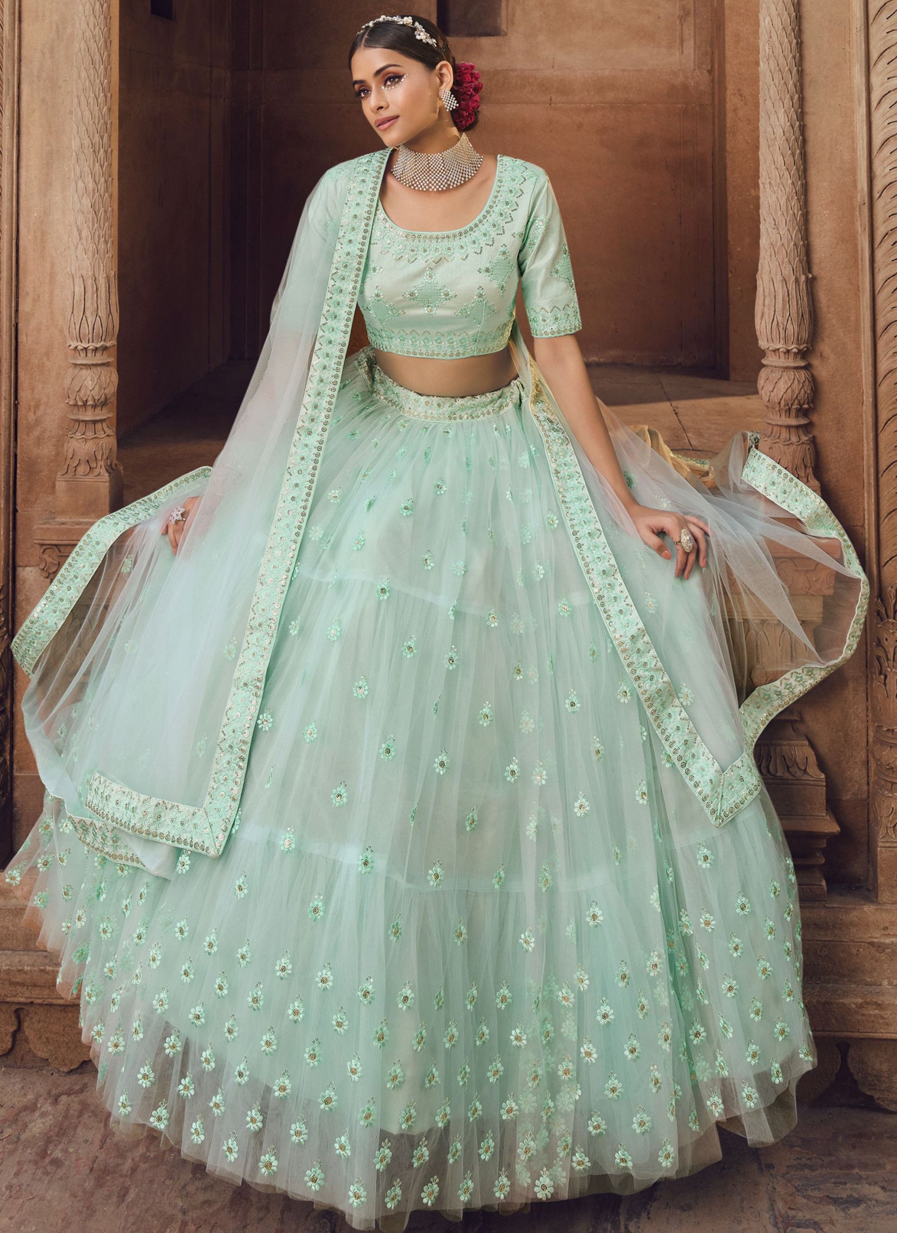 Light Blue Color Soft Net Women Lehenga Choli Set
