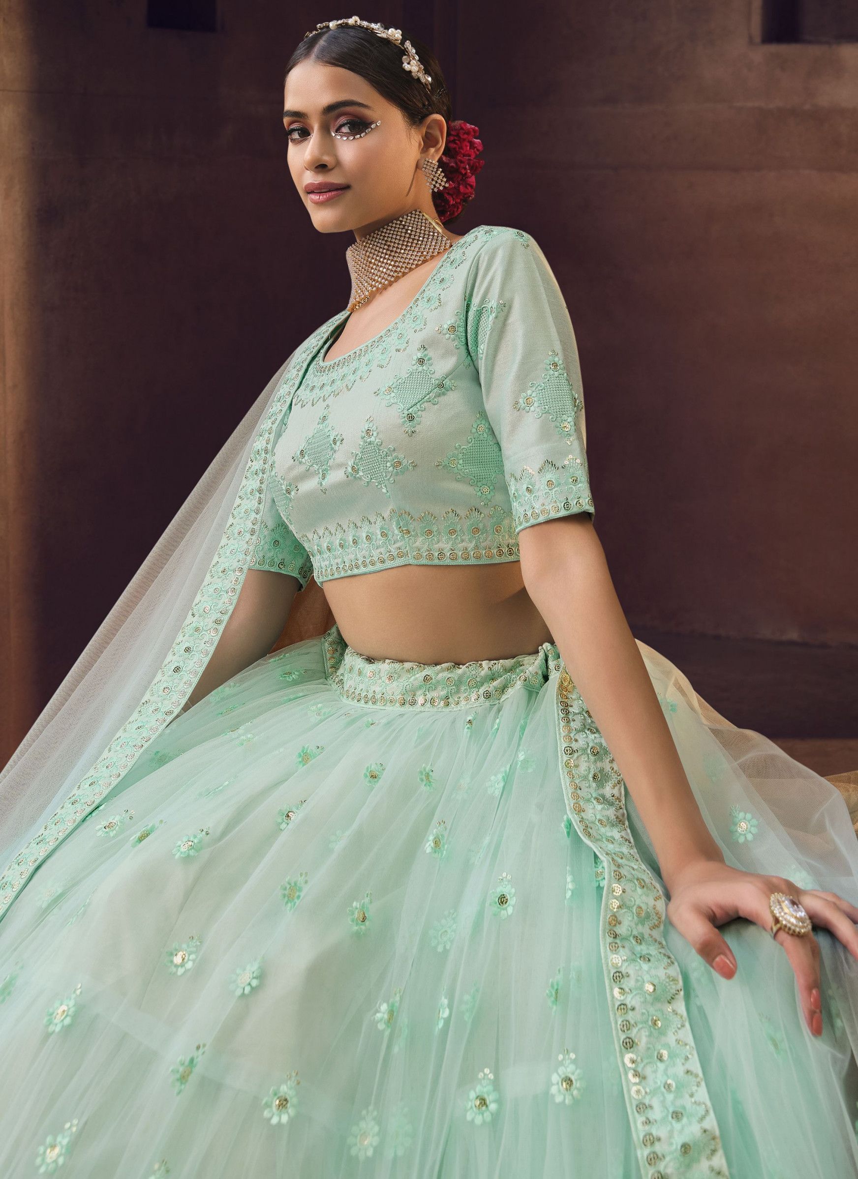 Light Blue Color Soft Net Women Lehenga Choli Set